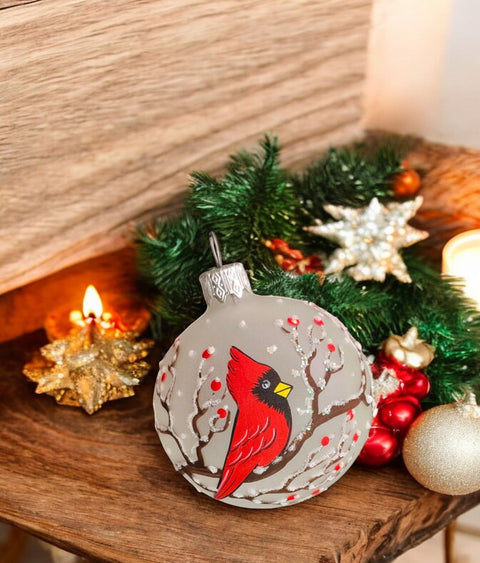 Cardinal Design Frosted Glass Ball Ornament