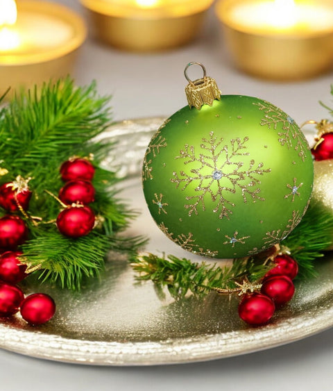 Snowflake Design Green Glass Ball Ornament