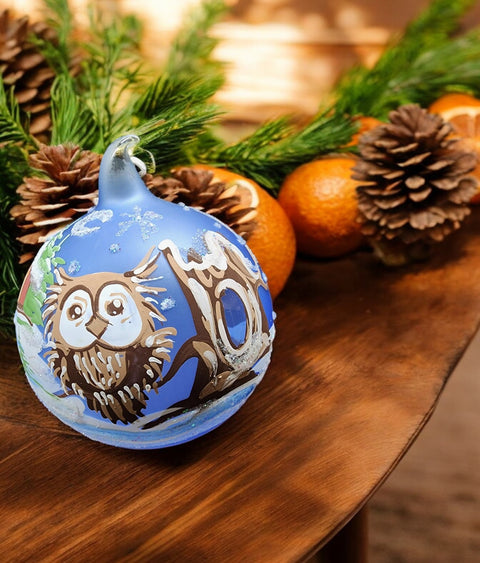 Light Blue Blown Glass Ornament - Handcrafted - Fun Owl Design