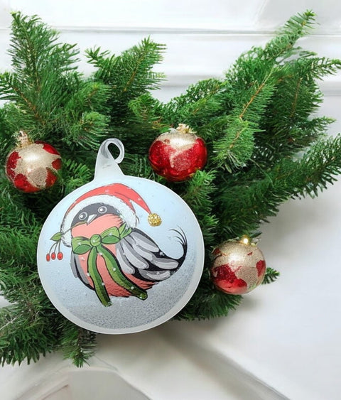 White Blown Glass Ornament - Finch In Christmas Hat - Made In Ukraine - European Christmas Bird - Keepsake Ornament