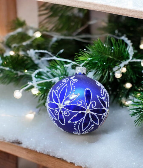 Blue Glass Ball Ornament Flower Design