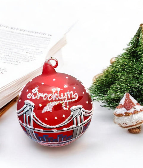 Red Glass Brooklyn Ornament - Brooklyn Bridge - Blown Glass - Hand Painted In Ukraine - Natural Glass Loop - Exquisite Craftsmanship