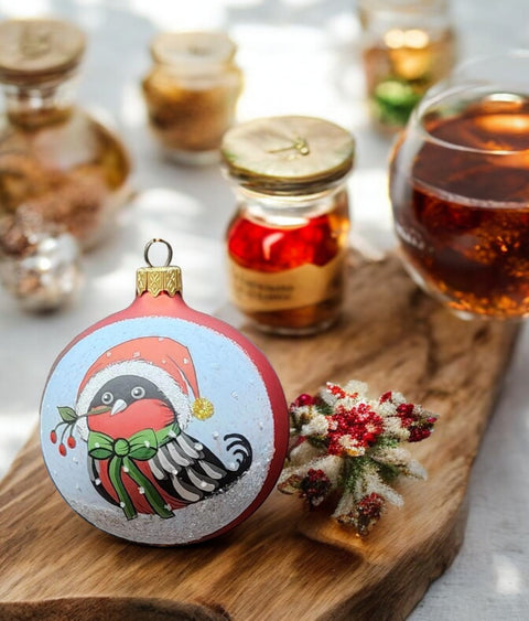 Red Finch in a Christmas Hat Blown Glass Ornament, Modern Design and Crafted in Ukraine, Individually Box, Keep Sake Ornament