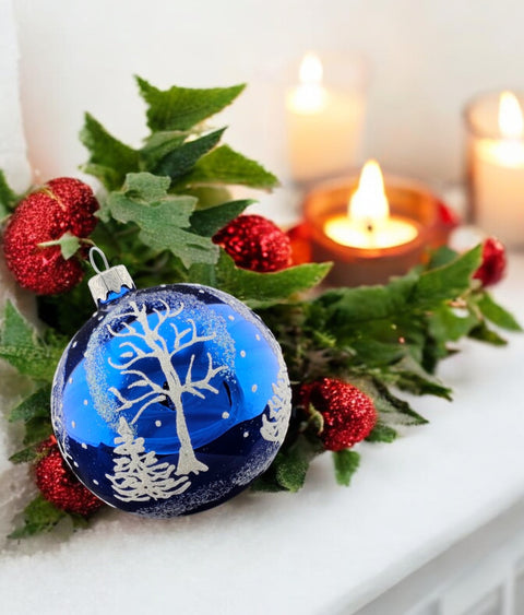 Blue Blown Glass Ornament - Winter Trees - Blue Glass Ornament - Hand Made In Ukraine - Hand Painted - Keepsake Ornament - Shiny Blue Ornament