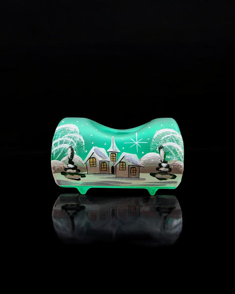 Green Glass Single Candle Holder, Hand Crafted in Ukraine, White Church Winter Wonderland, Wonderful Year Round