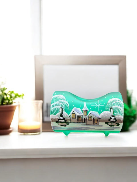 Green Glass Single  Candle Holder - White Church Yule Log Style