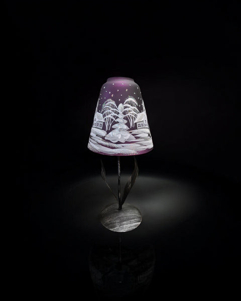 Purple Glass Lamp Candle Holder, Hand Crafted in Ukraine, White Cabin Winter Wonderland, Wonderful Year Round