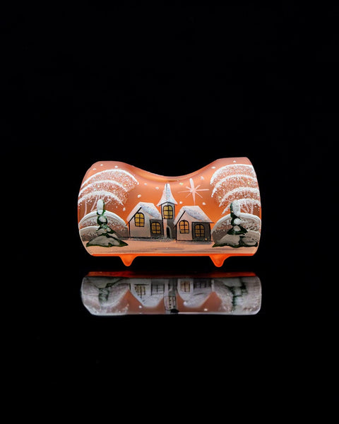 Orange Glass Single Candle Holder, Hand Crafted in Ukraine, White Church Winter Wonderland, Wonderful Year Round