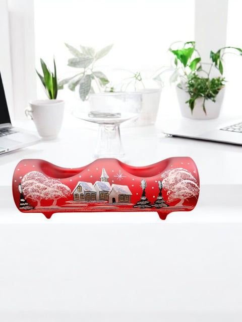 Red Glass Double Candle Holder  - White Church Yule Log Style