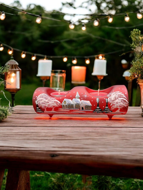 Red Glass Double Candle Holder  - White Church Yule Log Style