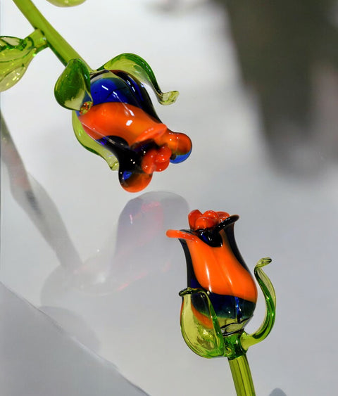 Blue & Orange Glass Rose, Handcrafted Glass Flower, Hand Made In Ukraine Using Murano Quality Glass, Great Gift For Flower Lovers, 12 Inch Rose