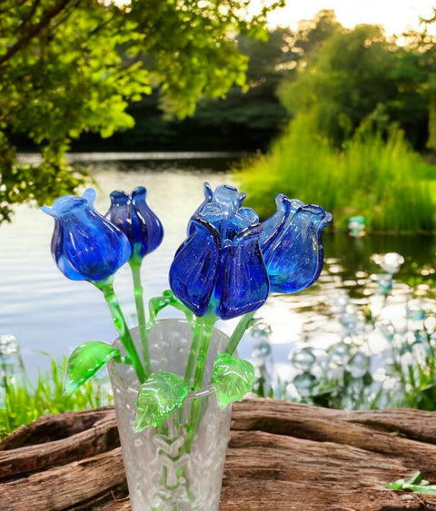 Blue Glass Open Bulb Rose- Handcrafted Long Stem Flower