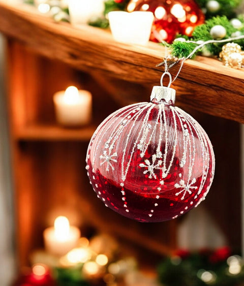 Red Blown Glass Ornament - Modern Design - Icy Rain - Hand Made In Ukraine - Hand Painted - Keepsake Ornament - Natural Glass