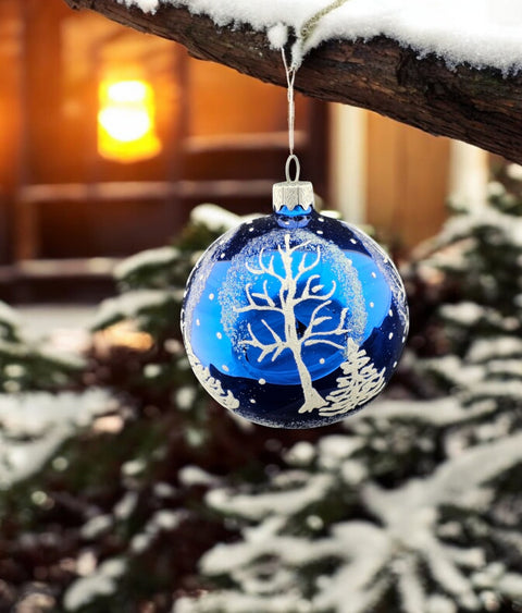 Blue Blown Glass Ornament - Winter Trees - Blue Glass Ornament - Hand Made In Ukraine - Hand Painted - Keepsake Ornament - Shiny Blue Ornament