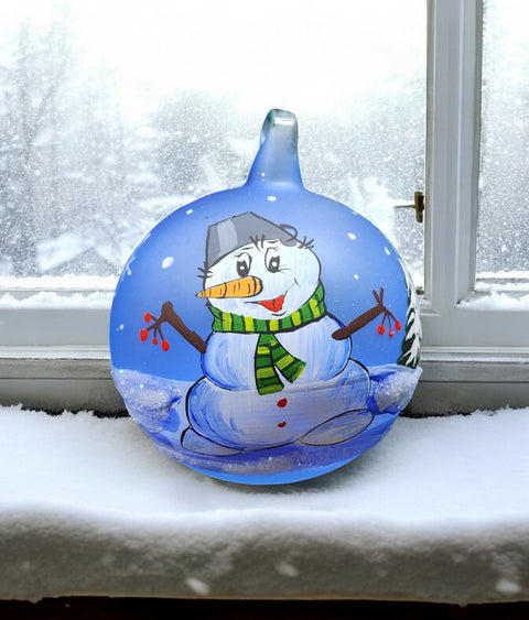 Light Blue Blown Glass Ornament - Handcrafted - Fat Snowman Design