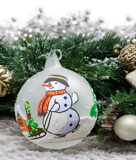 Frosted Blown Glass Ornament - Handcrafted -  Snowman w Sleigh Design