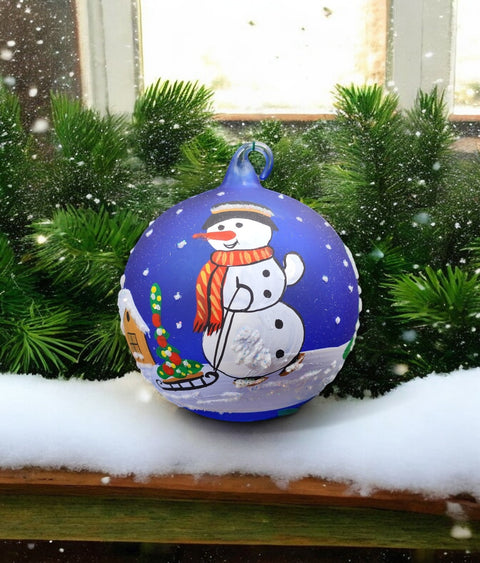 Blue Blown Glass Ornament - Handcrafted -  Snowman w Sleigh Design