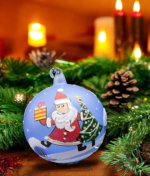 Light Blue Blown Glass Ornament - Handcrafted - Santa Claus