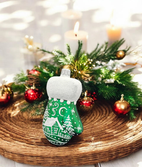 Hand Decorated Glass Keepsake Ornament - Charming Large Green Mitten Design