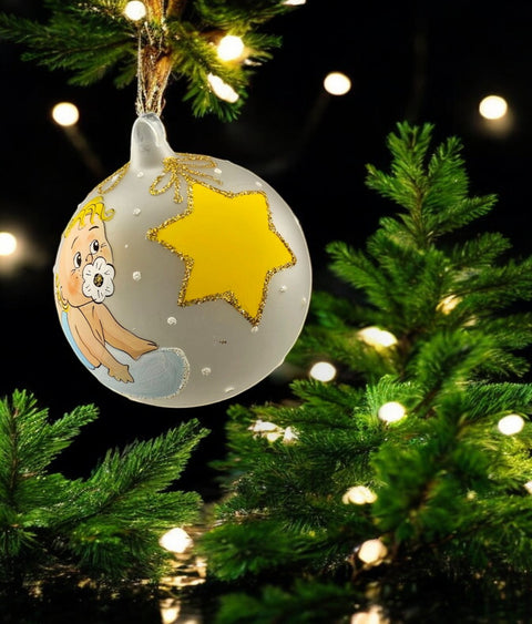 Frosted Blown Glass Ornament, Handcrafted Baby's First Christmas, Keepsake Ornament Handmade In Ukraine, Customization Available, Blue