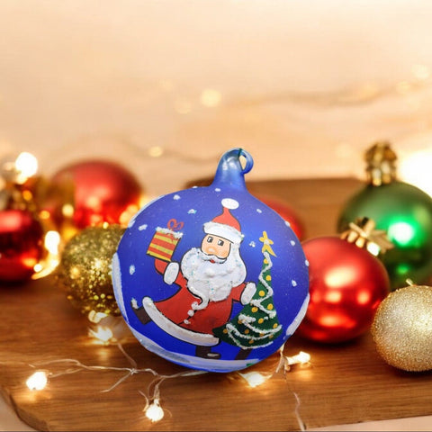 Blue Blown Glass Ornament - Handcrafted -  Charming Santa Claus Design