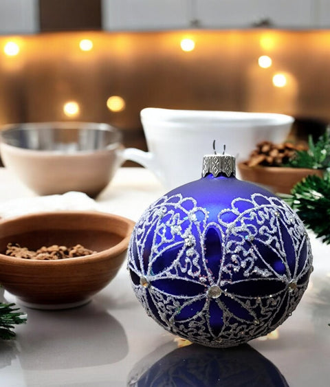 Flower Design Blue Glass Ball Ornament
