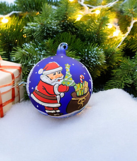 Blue Blown Glass Ornament - Handcrafted -  Santa Claus Design