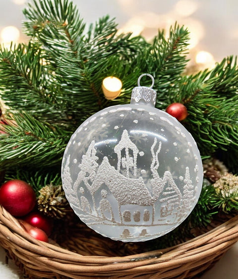 Frosted Blown Glass Ornament - Handcrafted -  Winter Cabins Design