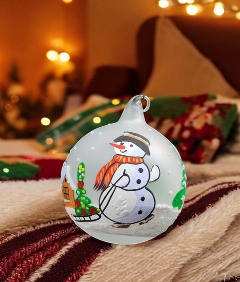 Frosted Blown Glass Ornament - Handcrafted -  Snowman w Sleigh Design