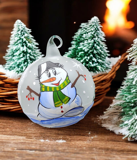 Frosted Blown Glass Ornament - Handcrafted -  Snowman N Christmas Scarf Design