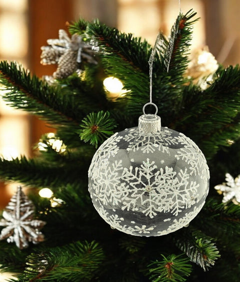 Clear Blown Glass Ornament - Hand Made In Ukraine - Clear Glass w Large Hand Painted Snowflake - Keepsake Ornament - Transparent Glass