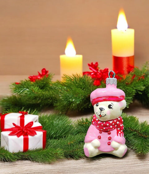 Glass bear in pink coat ornament