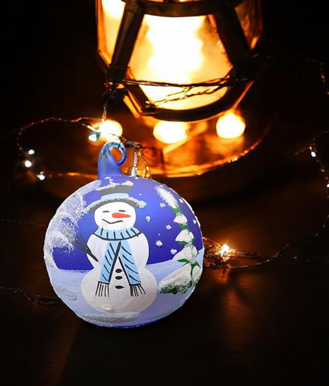 Blue Blown Glass Ornament - Handcrafted -  Snowman Design