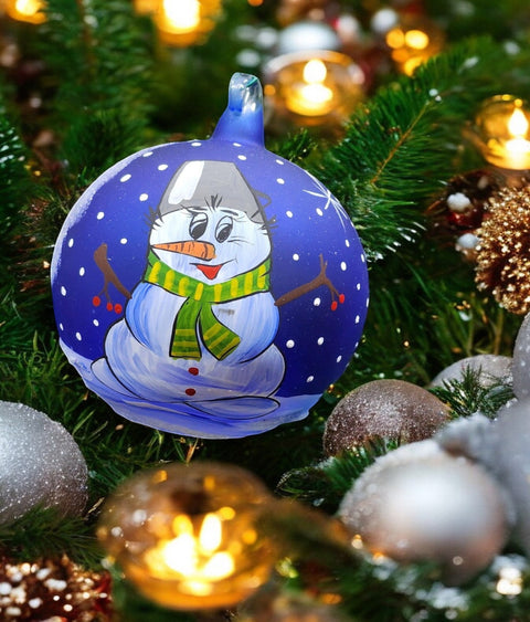 Blue Blown Glass Ornament - Handcrafted -  Snowman Design