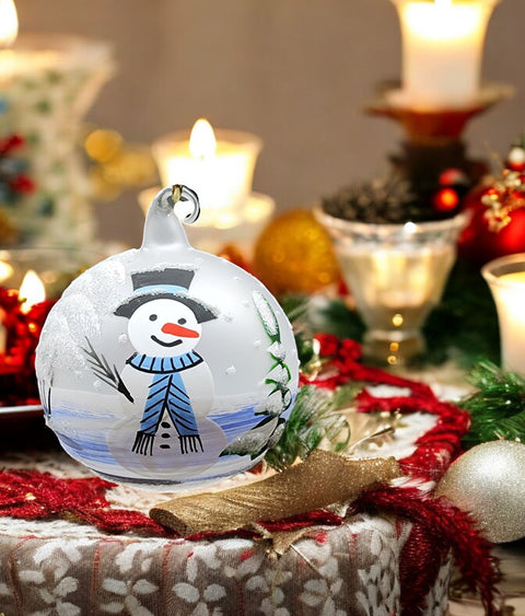 Frosted Blown Glass Ornament - Handcrafted -  Snowman Design