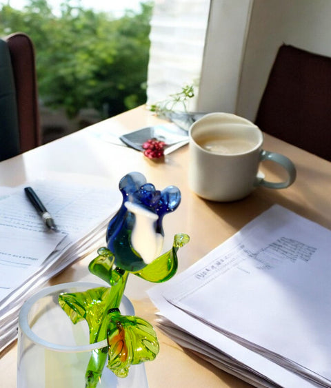 Blue And White Glass Rose - Handcrafted Long Stem Flower