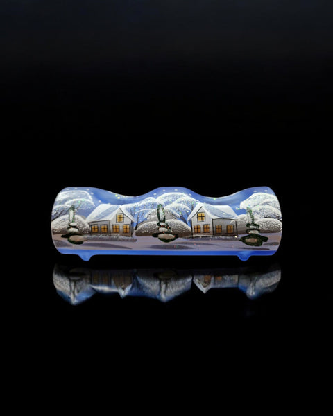 Light Blue Glass Double Candle Holder  - White Church Yule Log Style