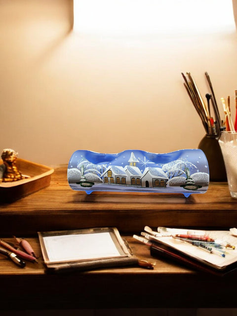 Light Blue Glass Double Candle Holder - White Church Yule Log Style