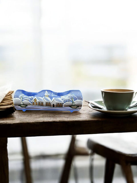 Light Blue Glass Double Candle Holder - White Church Yule Log Style
