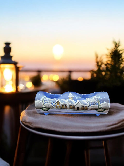 Light Blue Glass Double Candle Holder - White Church Yule Log Style