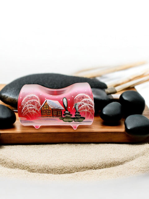 Red Ombre Glass Single Candle Holder - Brown Church Yule Log Style