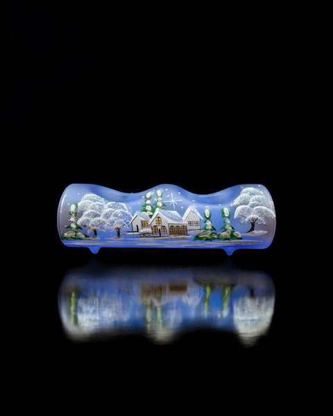 Light Blue Glass Double Candle Holder  - White Cabins  Yule Log Style