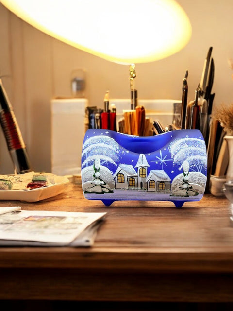 Blue Glass Single Candle Holder - White Church Yule Log Style