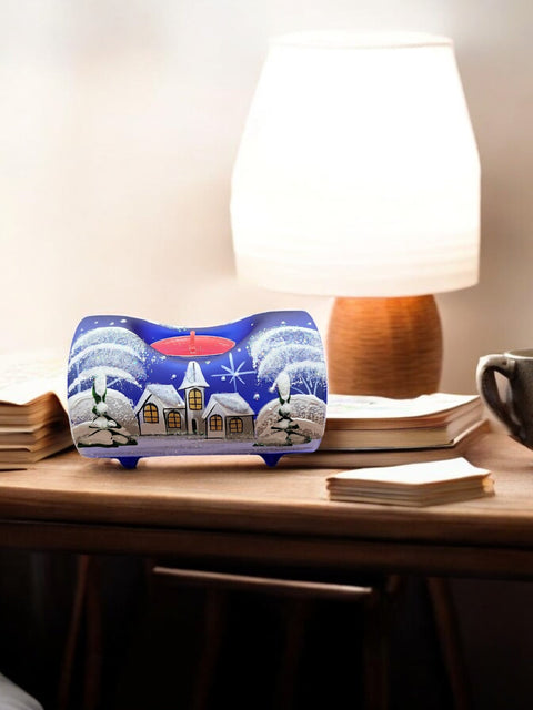 Blue Glass Single Candle Holder - White Church Yule Log Style