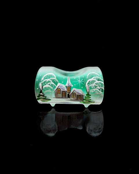 Green Glass Single Candle Holder  - White Church Yule Log Style