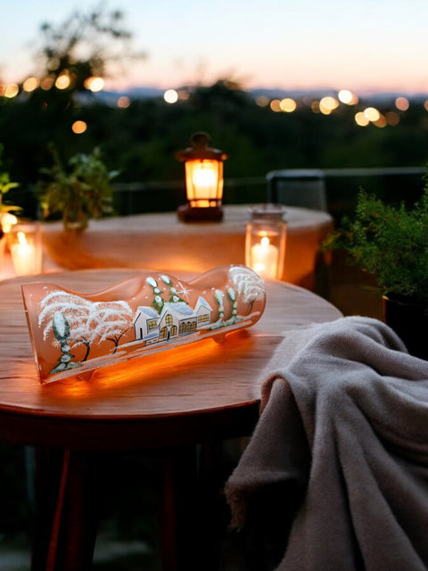 Orange Glass Double  Candle Holder  - White Cabins Yule Log Style