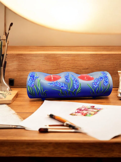 Blue Glass Double Candle Holder - Lavender Flower Yule Log Style