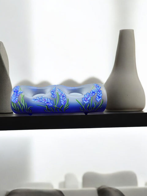 Blue Glass  Double Candle Holder  - Lavender Flower Yule Log Style