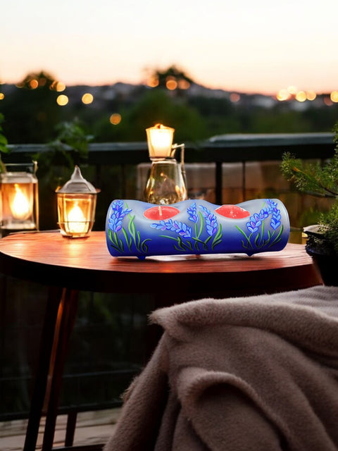 Blue Glass Double Candle Holder - Lavender Flower Yule Log Style