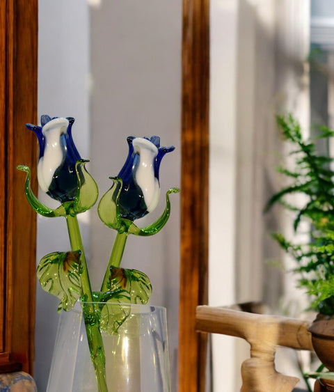 Blue & White Glass Rose, Handcrafted Glass Flower, Hand Made In Ukraine Using Murano Quality Glass, Great Gift For Flower Lovers, 12 Inch Rose